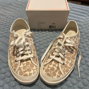 Coach Etta Heritage Stripe Sneakers in Light Khaki and White